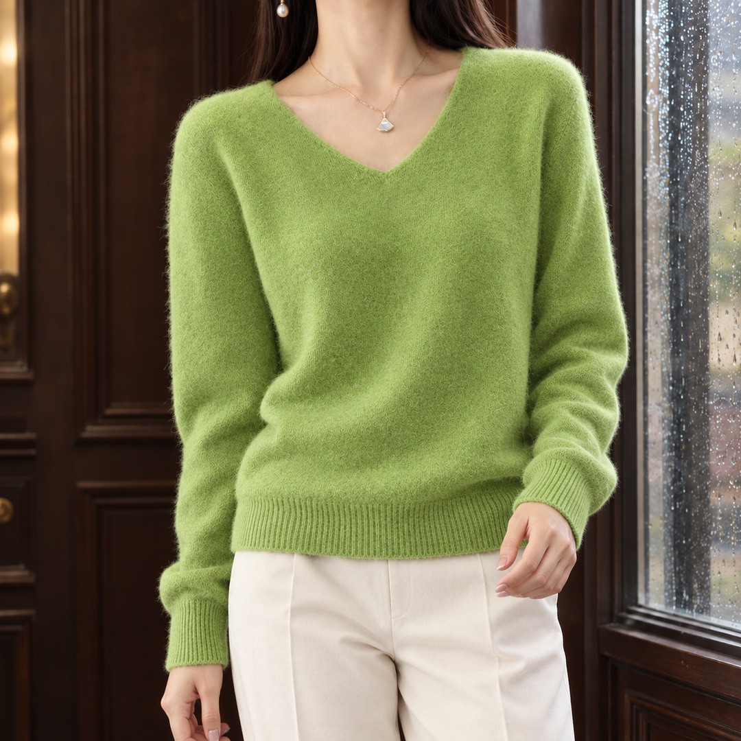 Women's Brushed Wool Relaxed V-Neck Jumper – Connie – Bright Green – front view