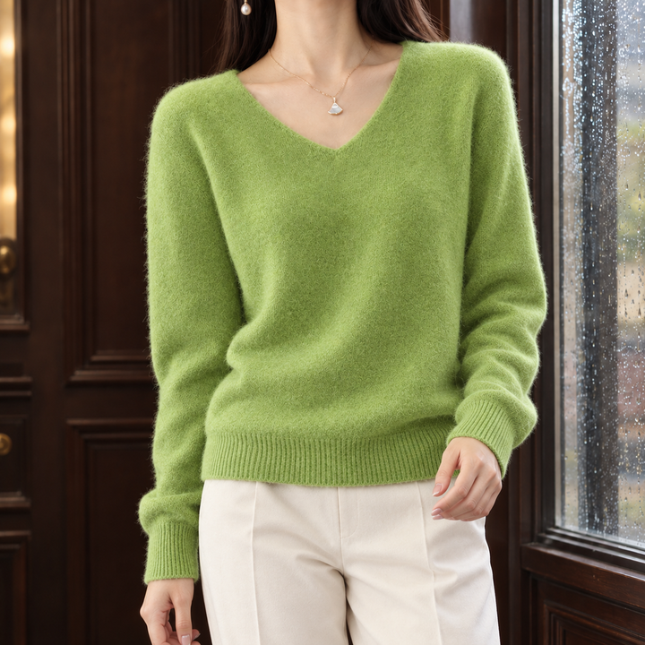 Women's Brushed Wool Relaxed V-Neck Jumper – Connie – Bright Green – front view