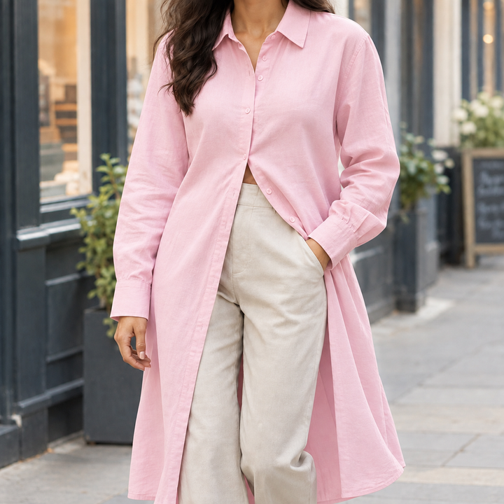 Women's Longline Midi Button-Up Shirt Idalia – Pink – front