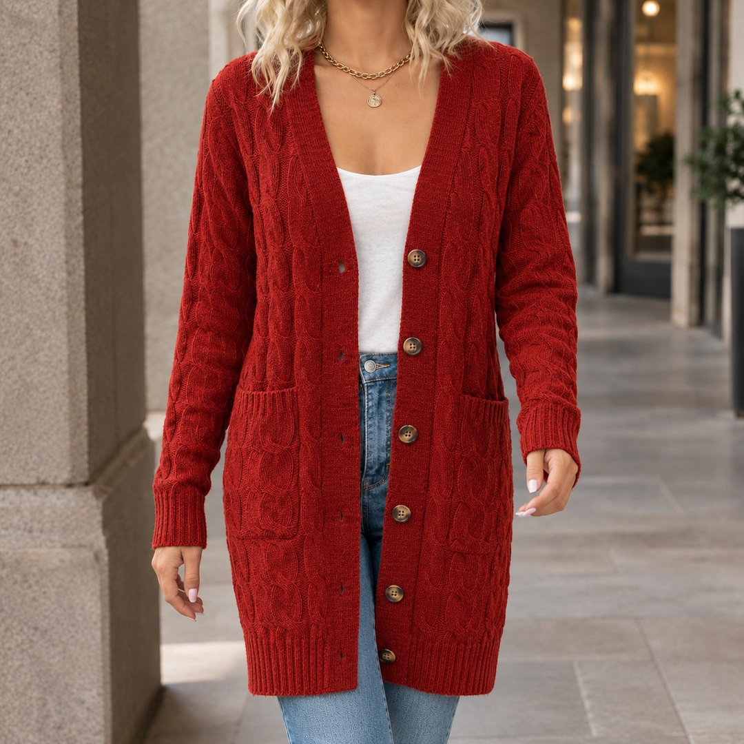 Theodosia - Women's cable knit cardigan in Rust Red – front view