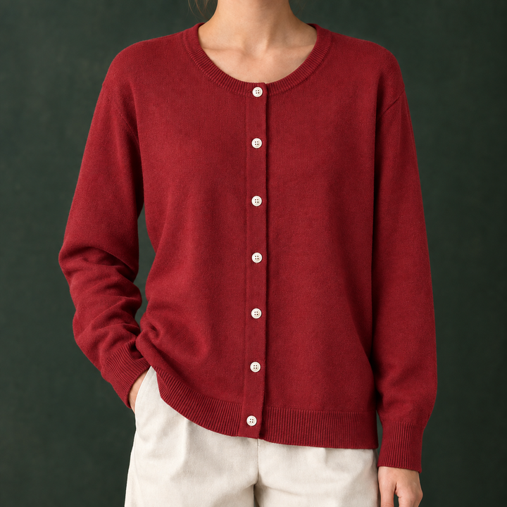 Women's Fine Knit Crew Neck Button-Through Cardigan – Avis – Burgundy – front view