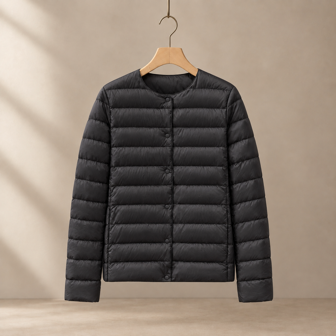 Women's Collarless Lightweight Quilted Jacket with Snap Front – Clitheroe – Black – front view