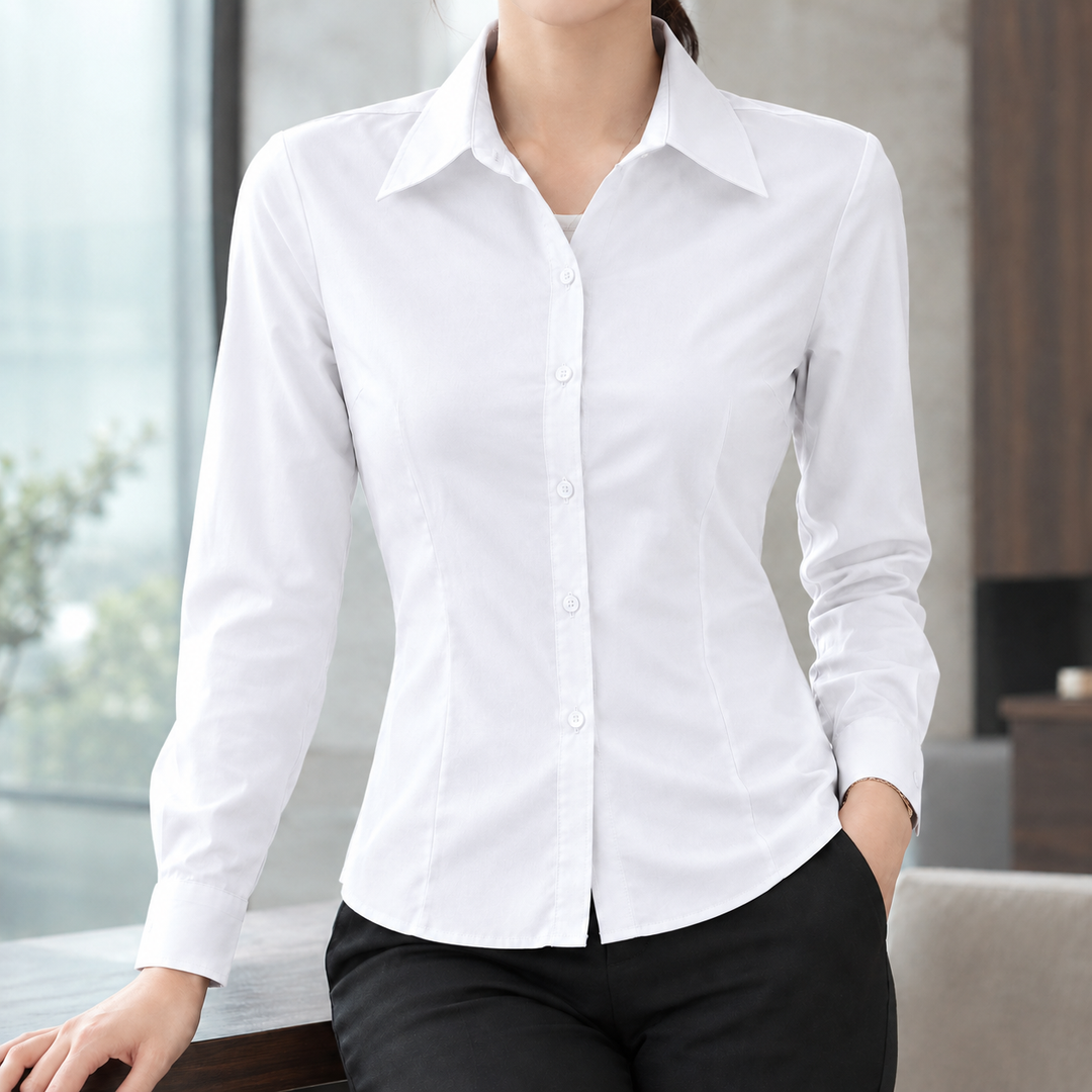 Women's Slim Fit Long Sleeve Button-Up Office Shirt Yolanthe – White – front