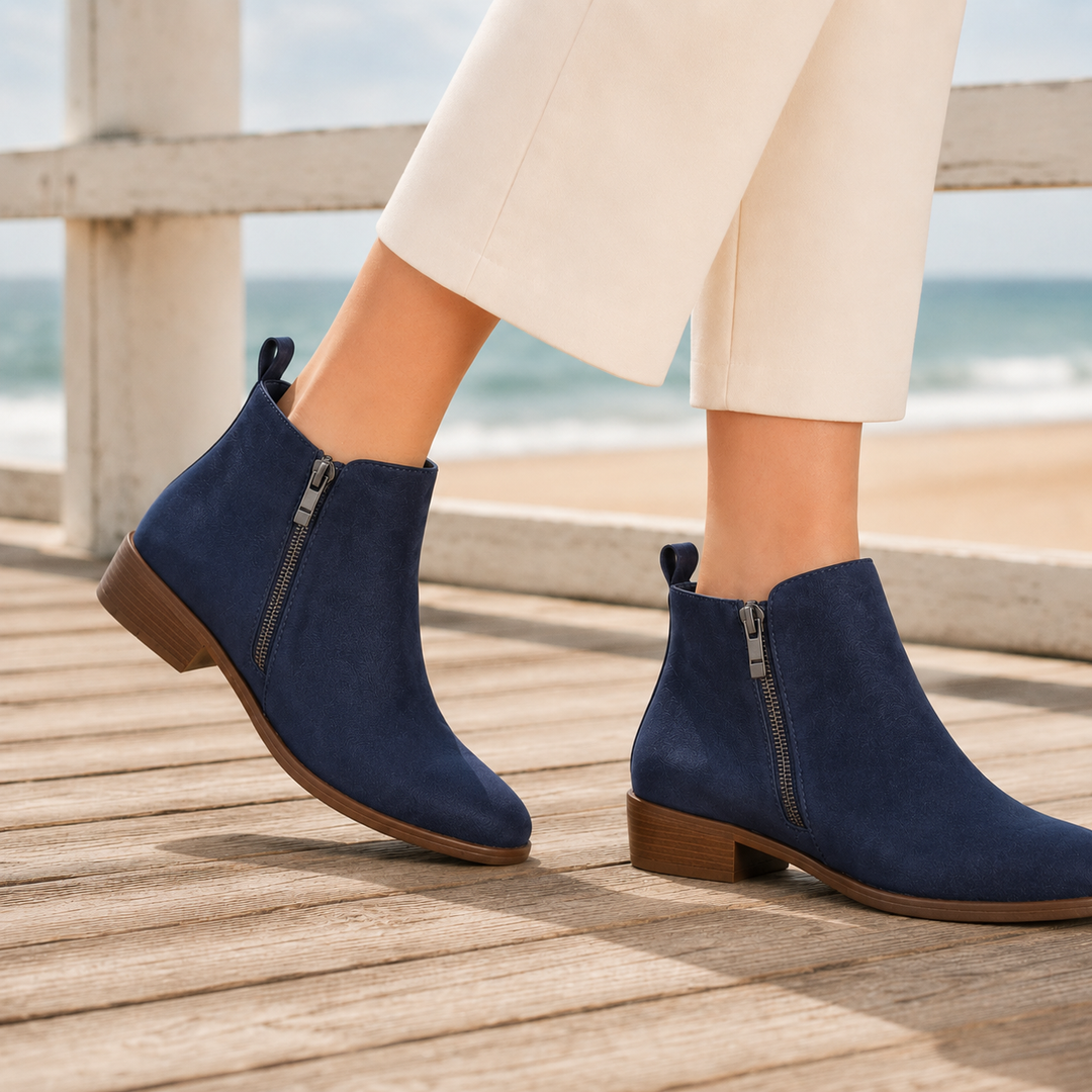 Women's Orthopaedic Side-Zip Ankle Boots Conti – Navy – on foot