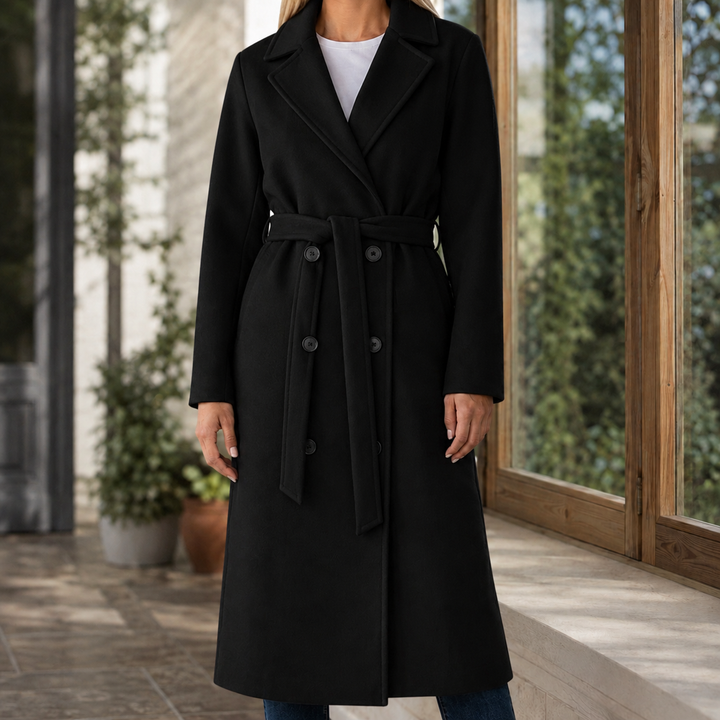 Lymington women's belted overcoat in Black – front view