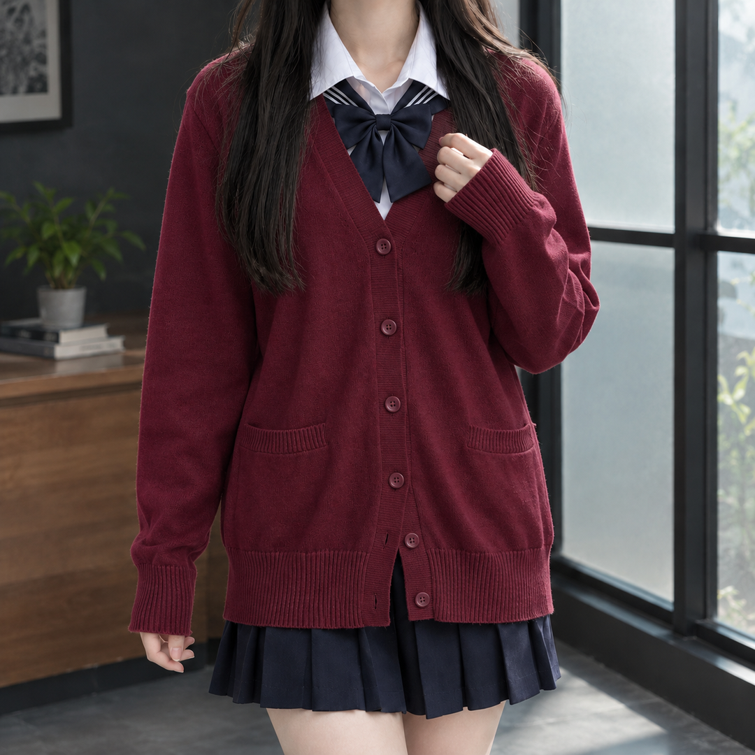 Women's V-Neck Button-Through Cardigan with Pockets – Ettie – Burgundy – front view