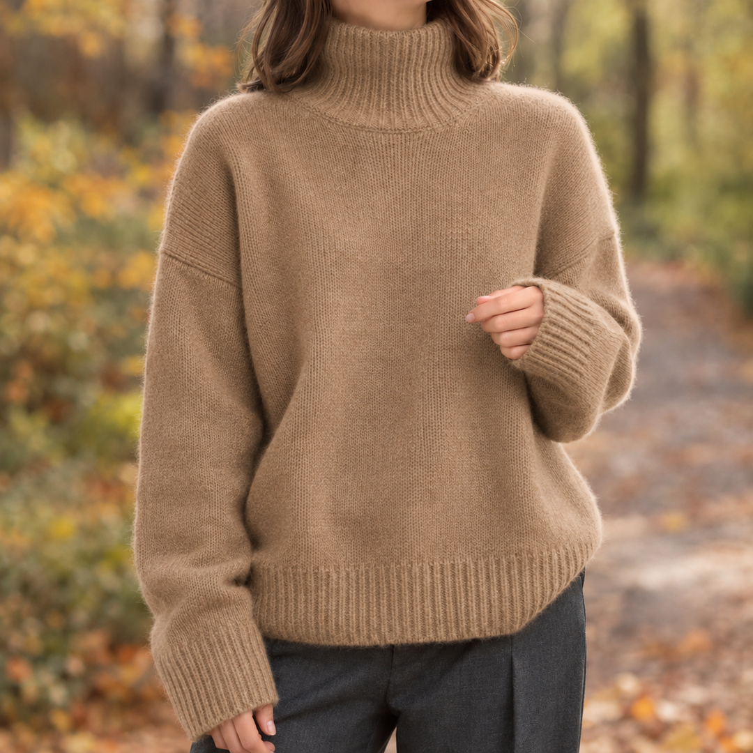 Caitriona - Women's oversized roll neck jumper in Brown – product view