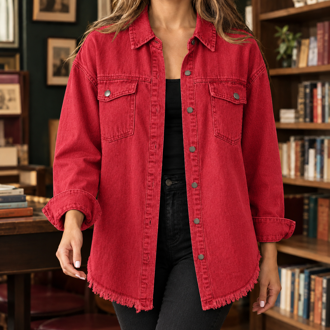 Women's Longline Denim Shacket with Frayed Hem Sloane – Red – front