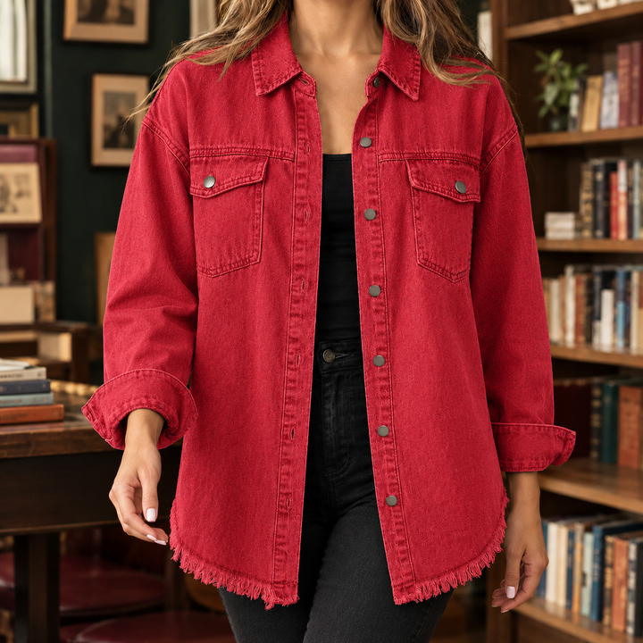 Women's Longline Denim Shacket with Frayed Hem Sloane – Red – front