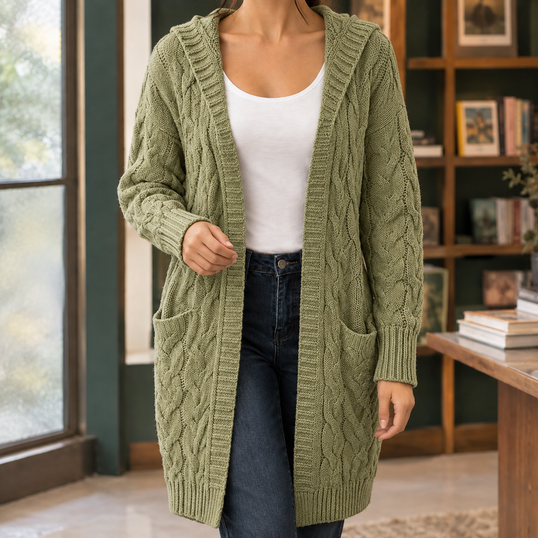 Women's Longline Hooded Cable Knit Cardigan – Merryn – Sage Green – front view