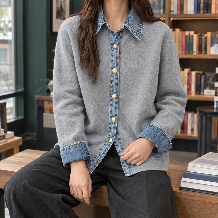 Women's Denim Trim Collared Button-Through Cardigan – Elinor – Mid Grey – front view
