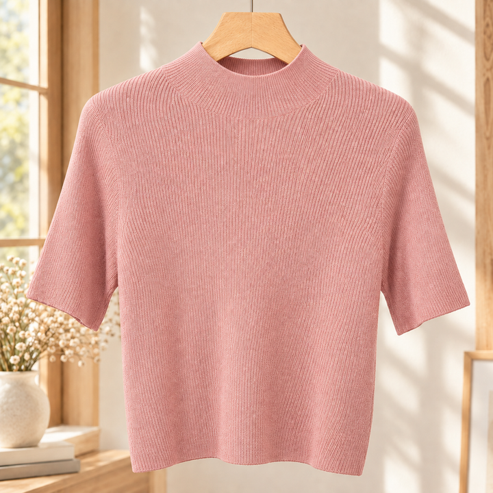 Ceinwen - Women's ribbed mock neck knit top in Light Pink – front view