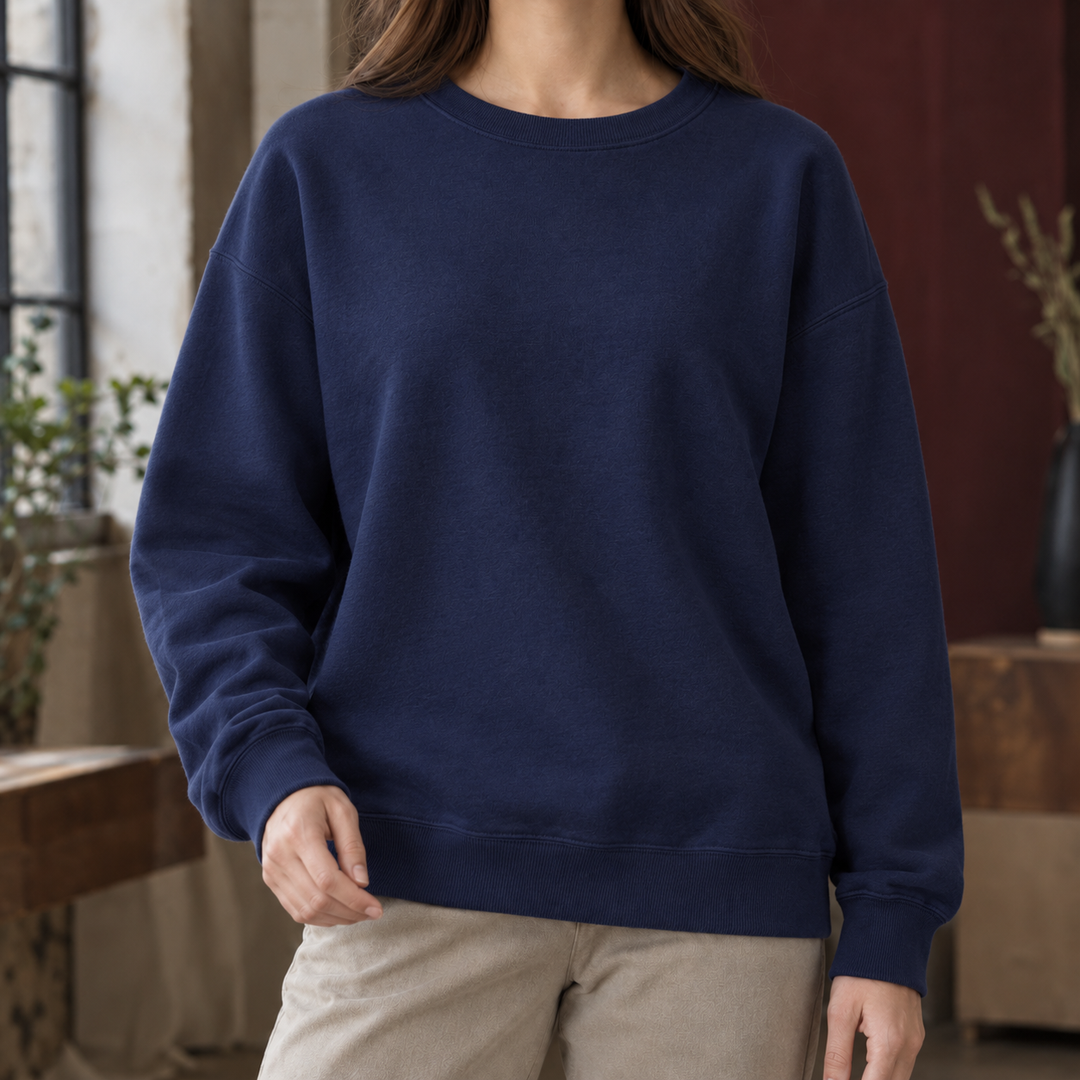 Women's Relaxed Drop-Shoulder Crew Neck Sweatshirt – Marsaili – Navy – front view