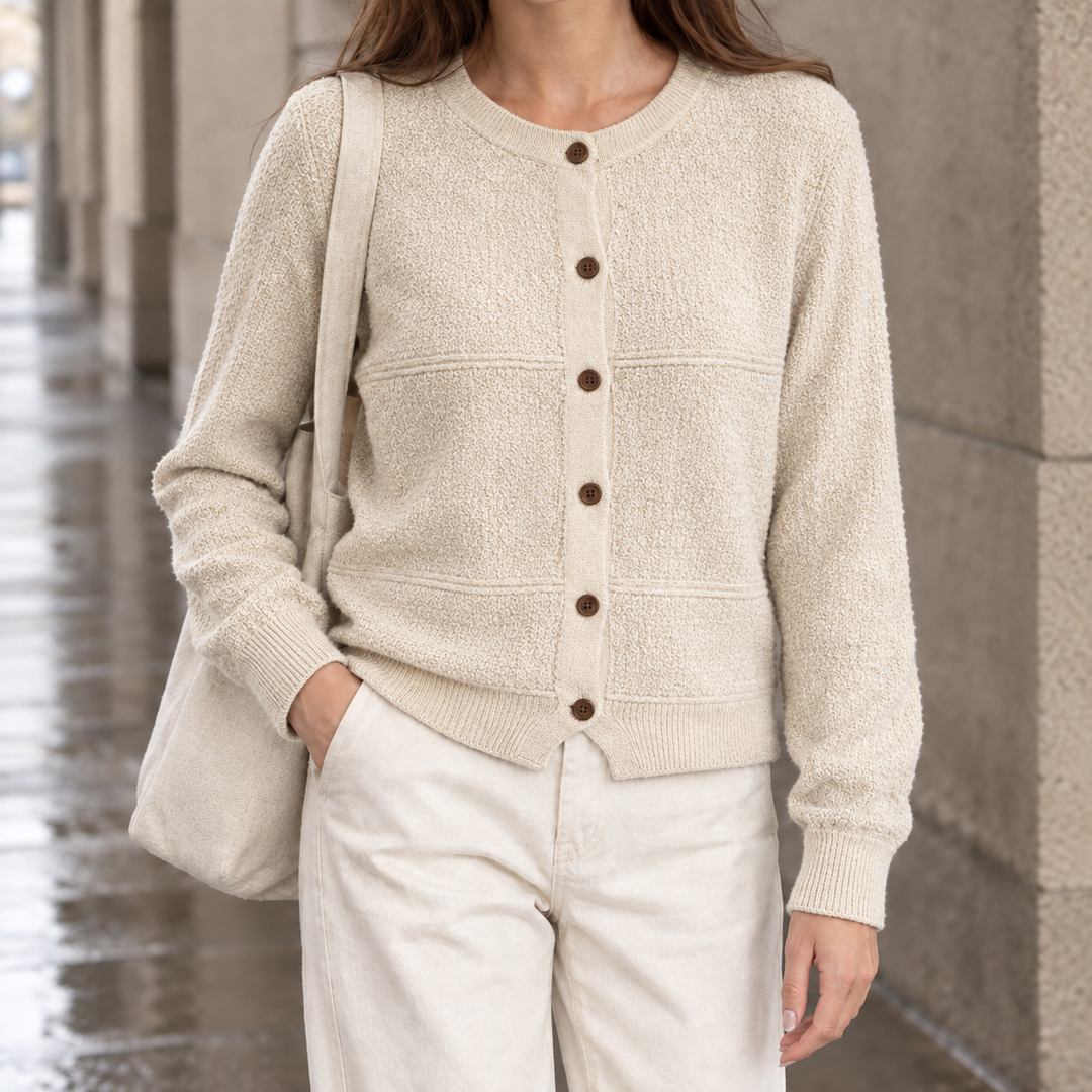Women's Textured Knit Crew Neck Cardigan with Contrast Buttons – Jenifry – Beige – front view
