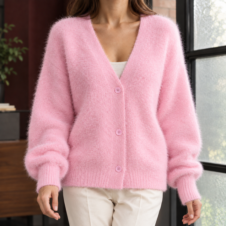 Women's Oversized Fluffy Wool-Blend V-Neck Cardigan – Georgette – Pink – front view