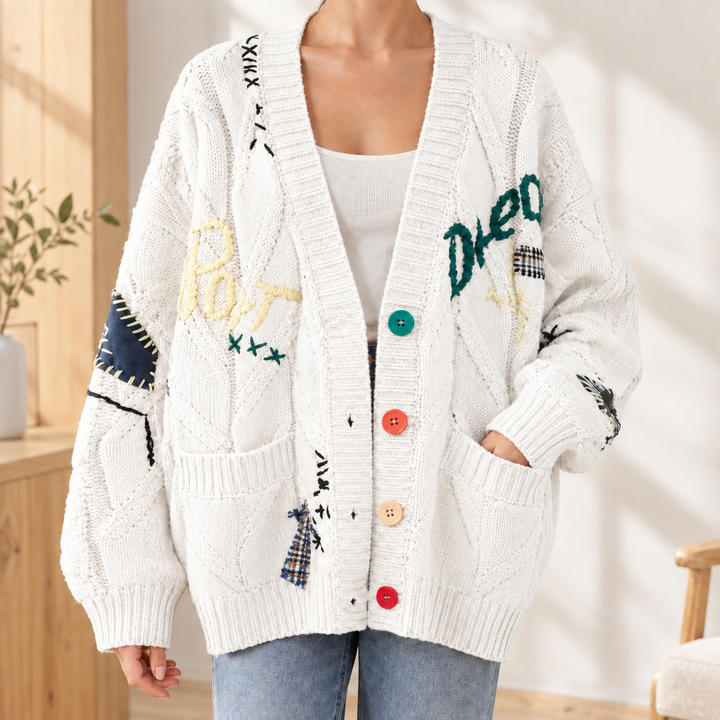 Women's Oversized Chunky Cable Knit Embroidered V-Neck Cardigan – Mabyn – White – front view