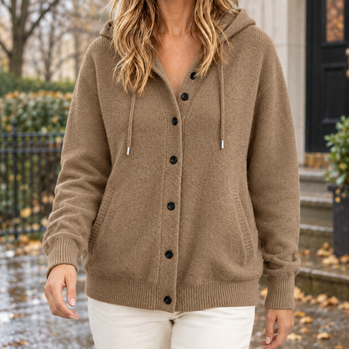 Damaris - Women's hooded cardigan in Camel – front view