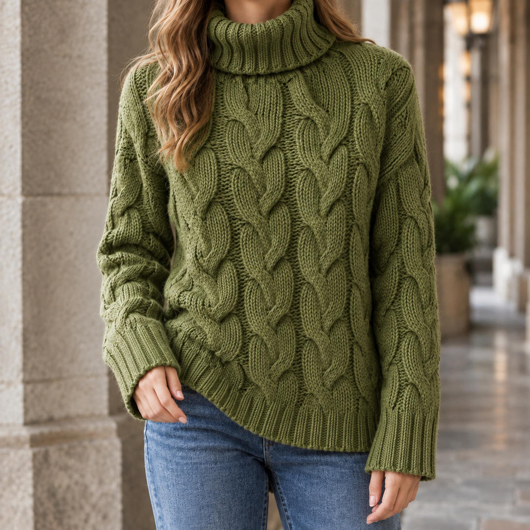 Ella - Women's cable knit roll neck jumper in Green – front view