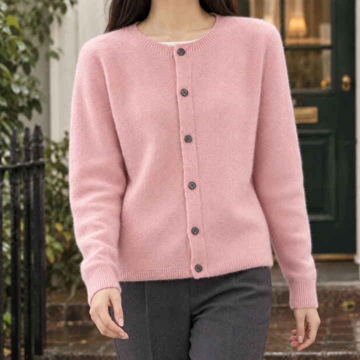 Women's Wool Crew Neck Button-Through Cardigan – Gwenllian – Pink – front view