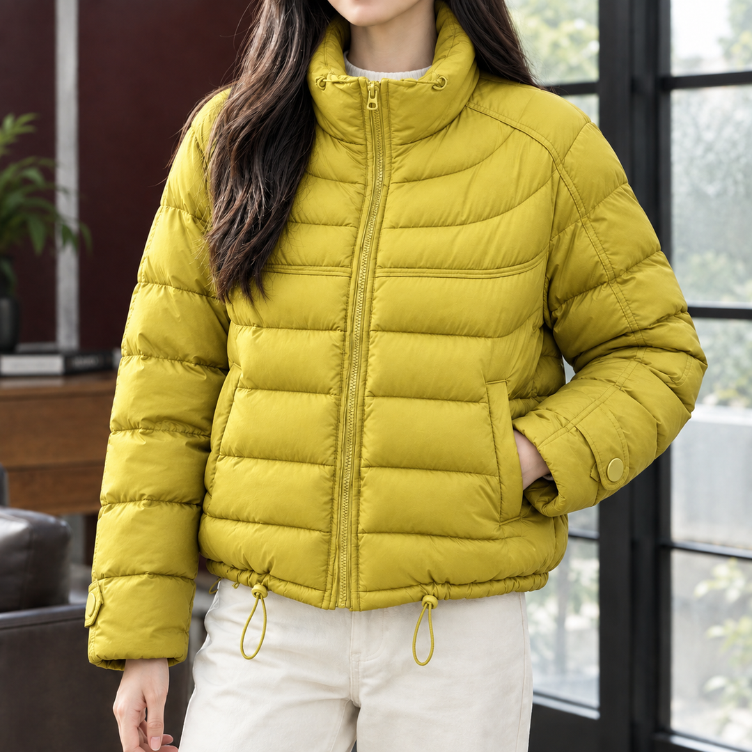 Montrose women's cropped puffer jacket in Chartreuse – front view