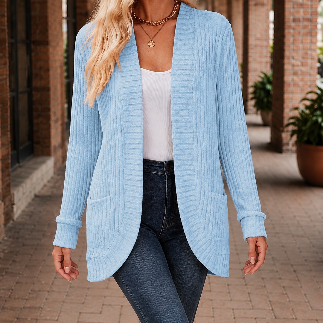 Women's Ribbed Open-Front Cardigan with Pockets – Angharad – Powder Blue – front view