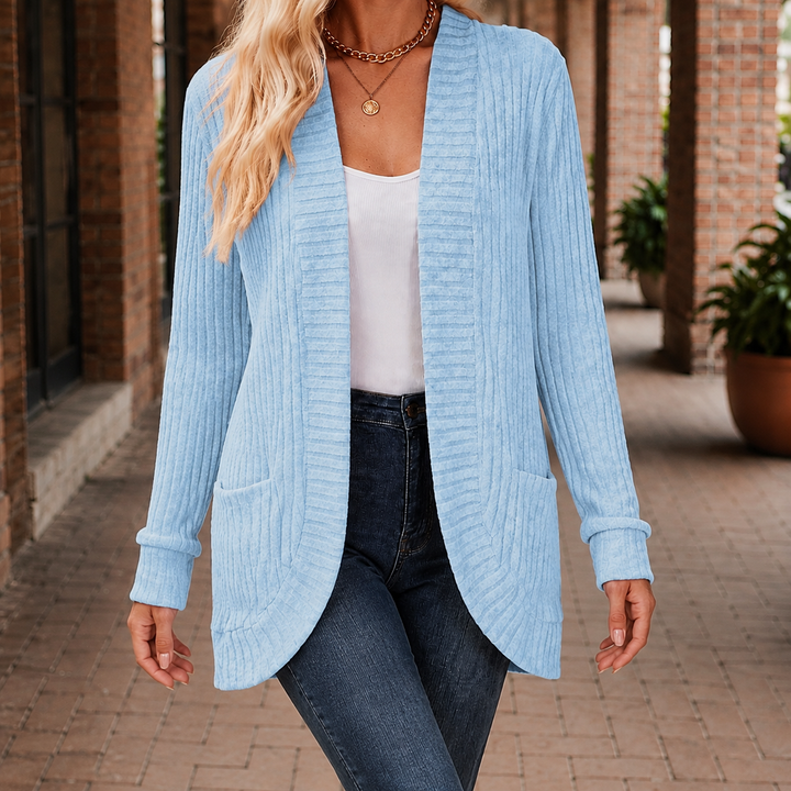 Women's Ribbed Open-Front Cardigan with Pockets – Angharad – Powder Blue – front view