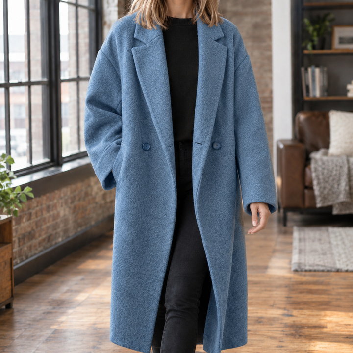 Women's Oversized Double-Breasted Wool-Blend Longline Coat Harrogate – Denim Blue – front