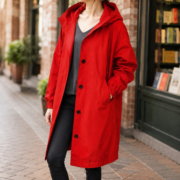 Lewes women's hooded overcoat in Red – front view