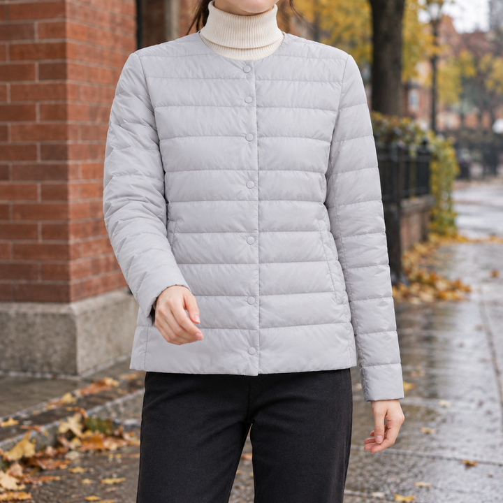 Pitlochry women's collarless quilted jacket in Light Grey – front view