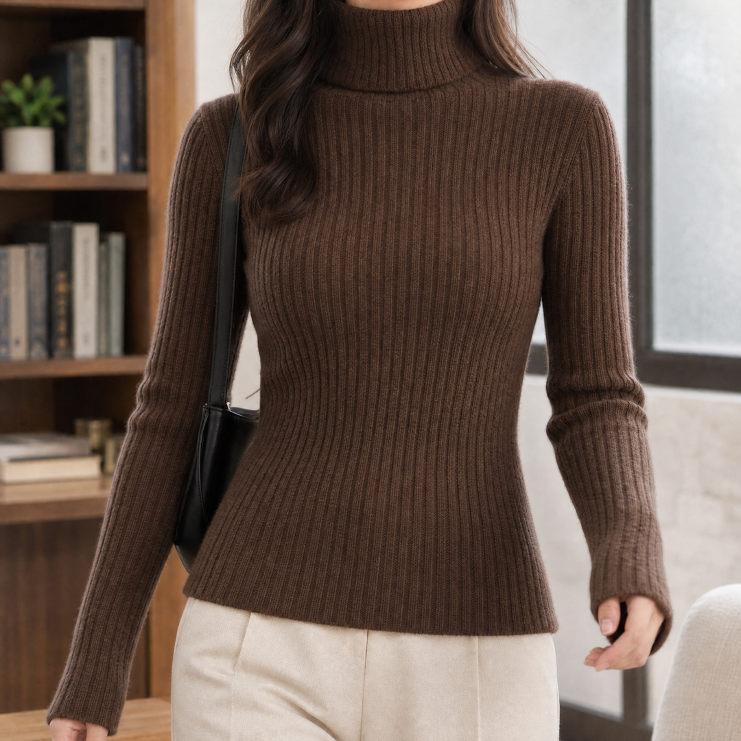 Women's Wool Blend Ribbed Slim Fit Roll Neck Jumper – Heulwen – Brown – front view