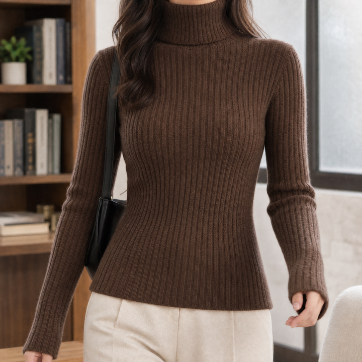 Women's Wool Blend Ribbed Slim Fit Roll Neck Jumper – Heulwen – Brown – front view