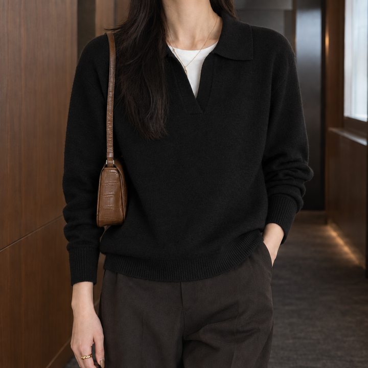 Women's Relaxed Polo Collar Knit Jumper – Selma – Black – front view