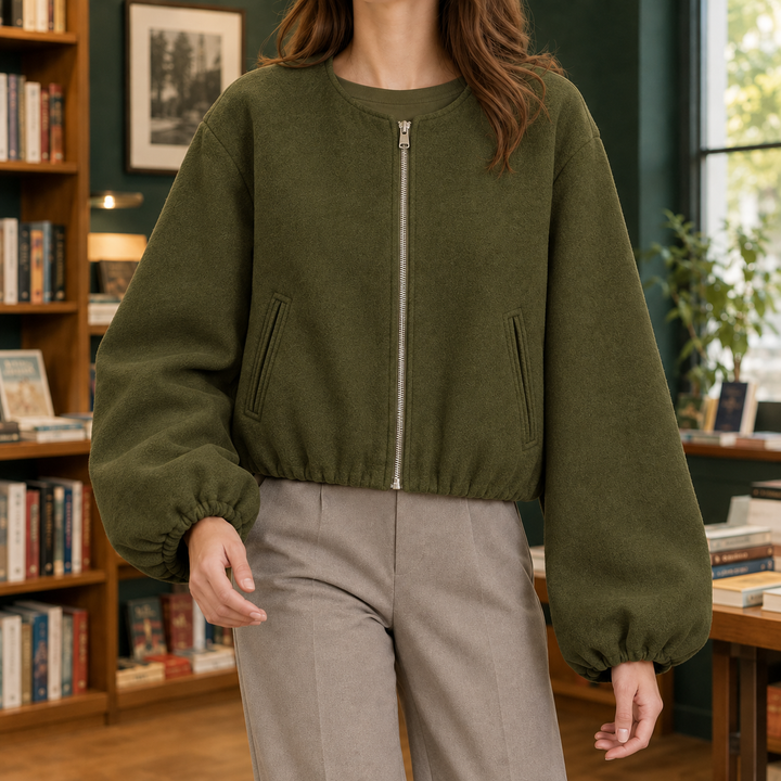 Beccles women's cropped bomber jacket in Khaki Green – front view