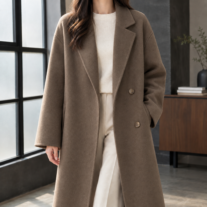 Women's Double-Breasted Wool-Blend Longline Coat Grasmere – Taupe – front