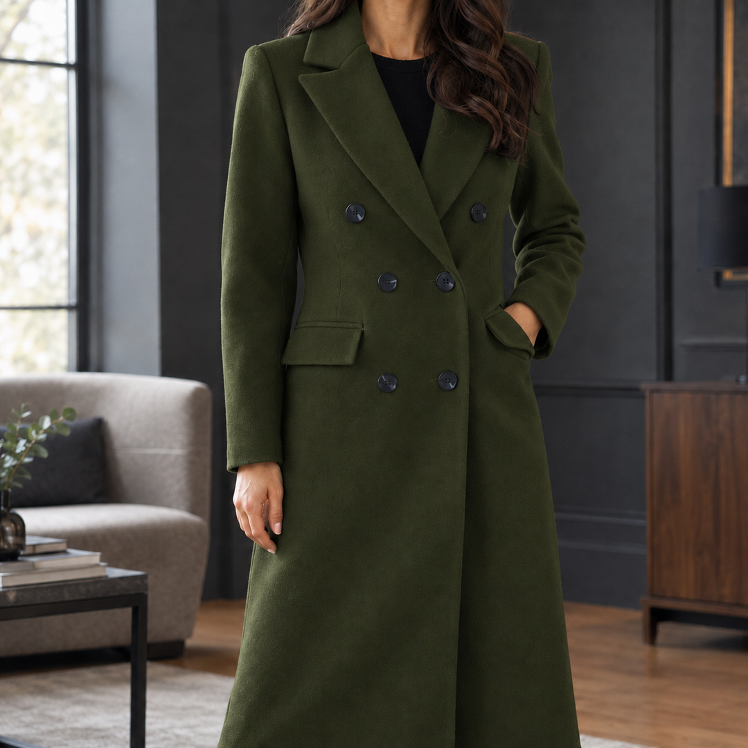 Dunbar women's soft-touch overcoat in Khaki Green – front view