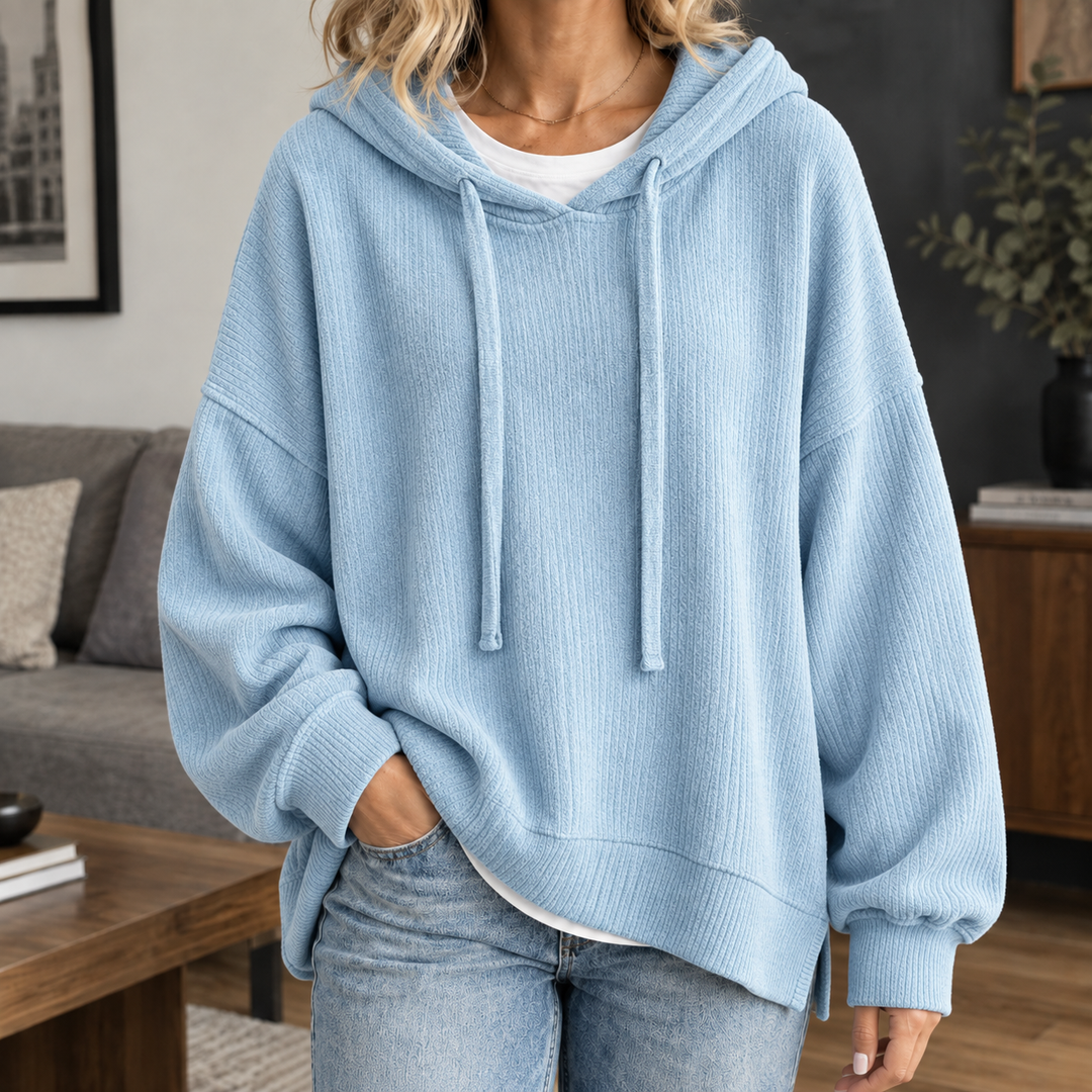 Miranda - Women's ribbed knit hoodie in Sky Blue – alternate view