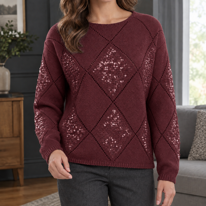 Women's Sequin Openwork Argyle Crew Neck Jumper – Candida – Burgundy – front view