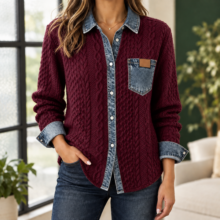 Women's Cable Knit Shacket with Denim Trim Sunniva – Burgundy – front