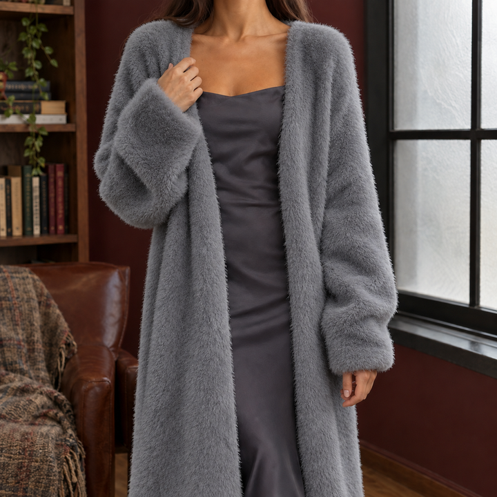 Women's Plush Longline Open-Front Cardigan – Allegra – Grey – front view