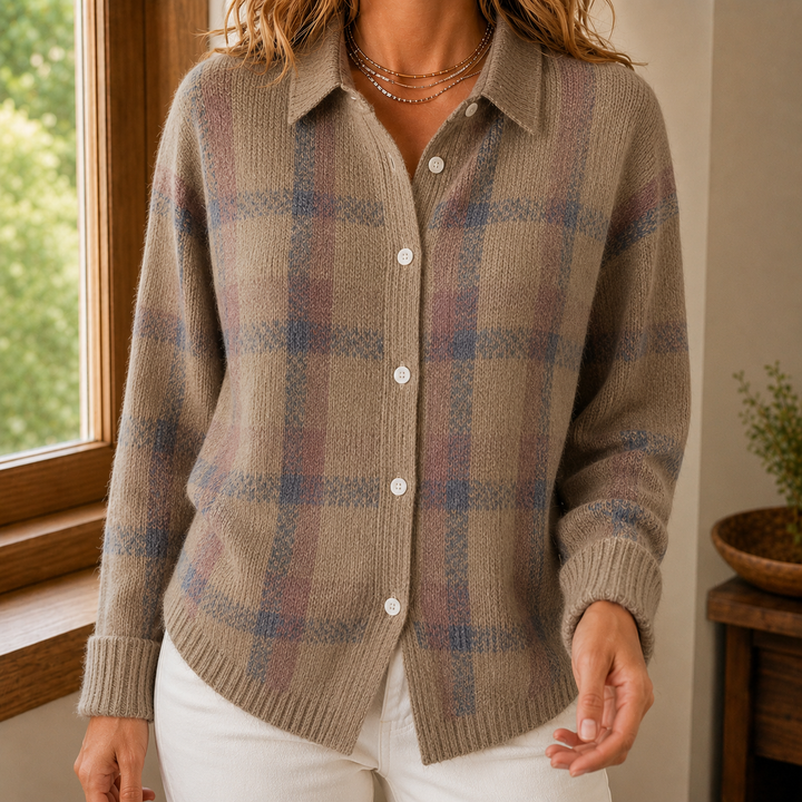 Aelwen - Women's check collared cardigan in Brown – front view