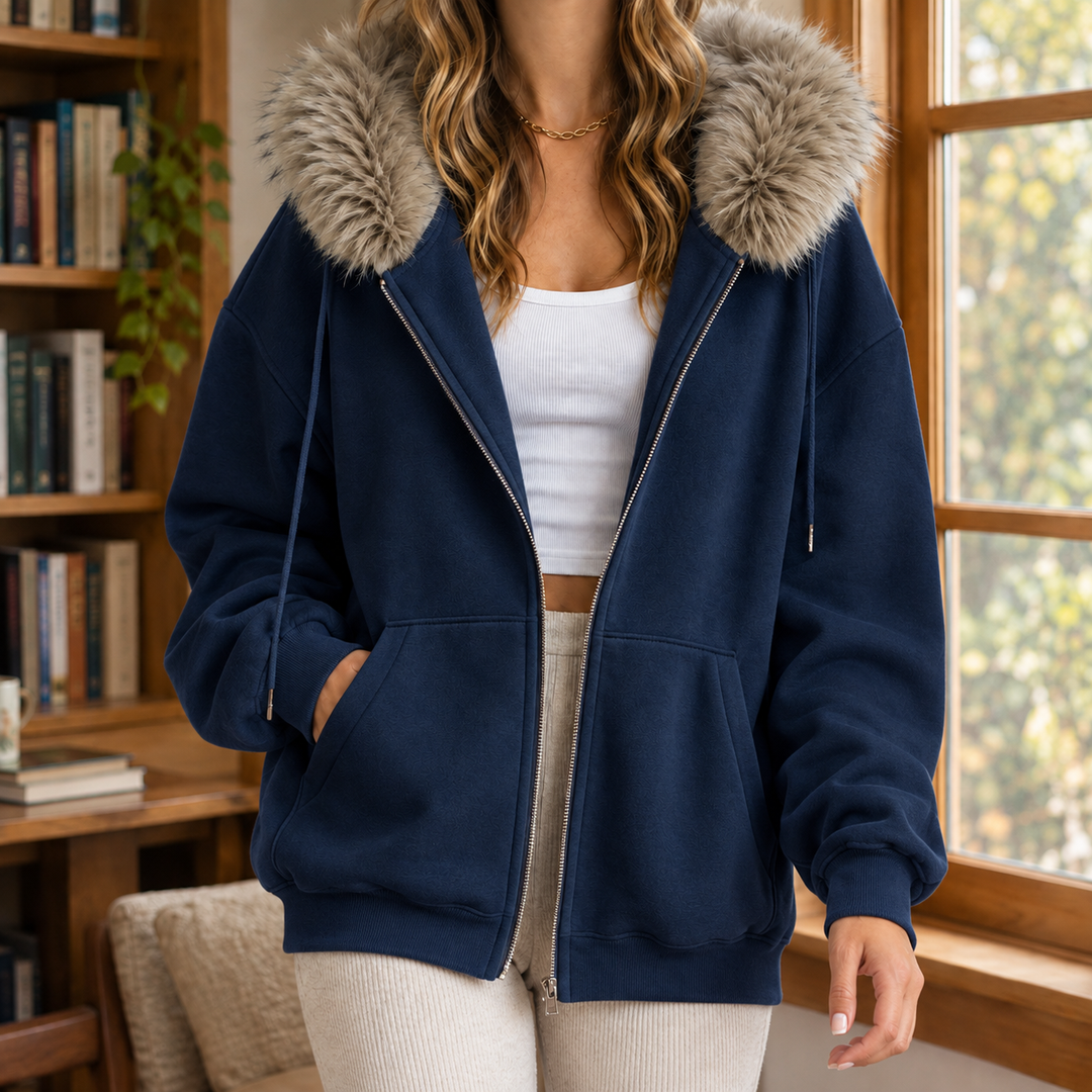 Babette - Women's fur trim zip-up hoodie in Navy – alternate view