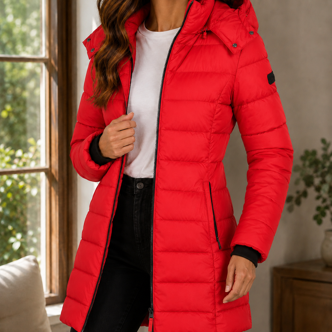 Knightsbridge women's hooded puffer jacket in Red – front view