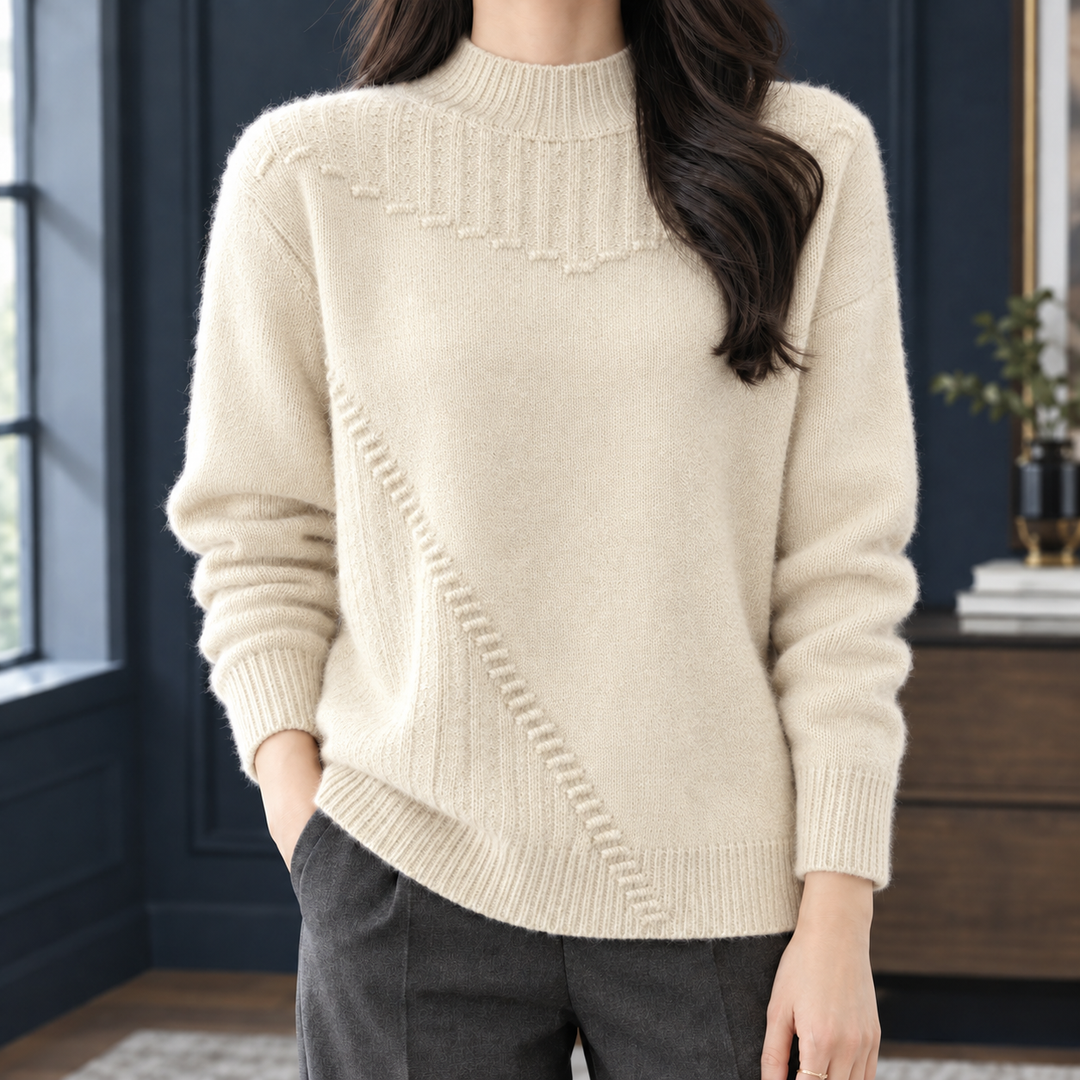 Women's Textured Yoke Mock Neck Jumper – Thora – Cream – front view