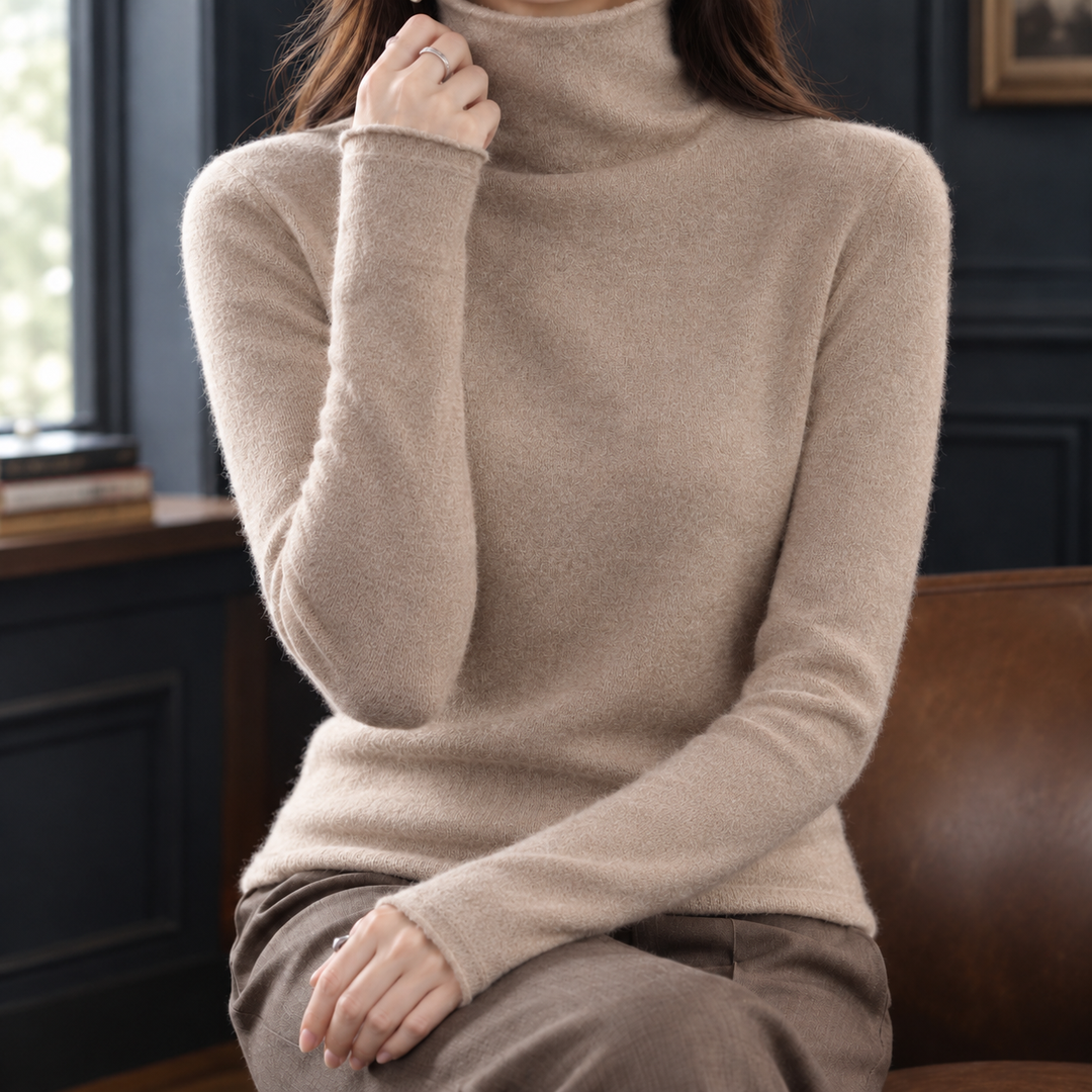 Women's Fine Cashmere Slim Roll Neck Jumper – Toni – Camel – front view