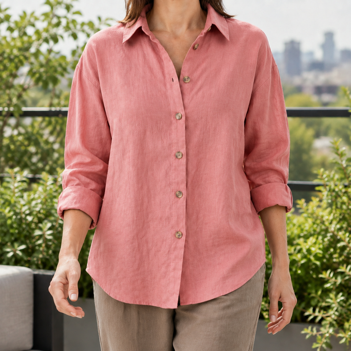 Women's Relaxed Linen-Look Button-Up Shirt Brigitta – Coral – front