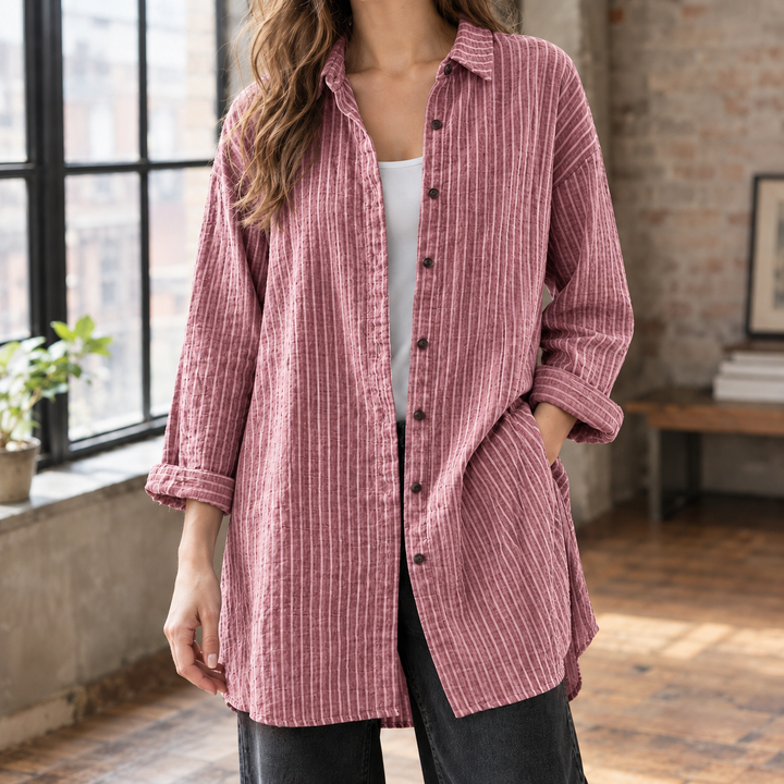 Women's Striped Longline Oversized Button-Up Shirt Leontine – Dusty Rose – front