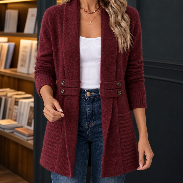 Esmerelda - Women's shawl collar cardigan in Burgundy – front view