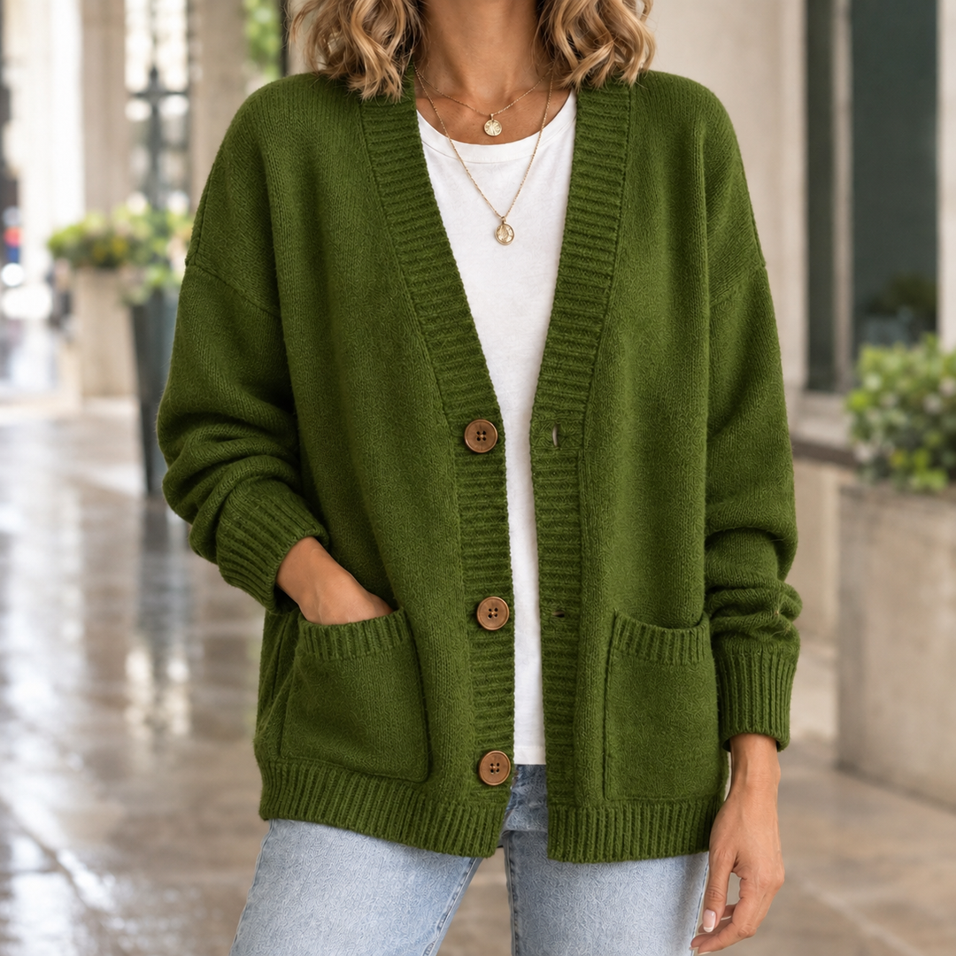 Women's v-neck pocket cardigan Beryl in Khaki Green – front view
