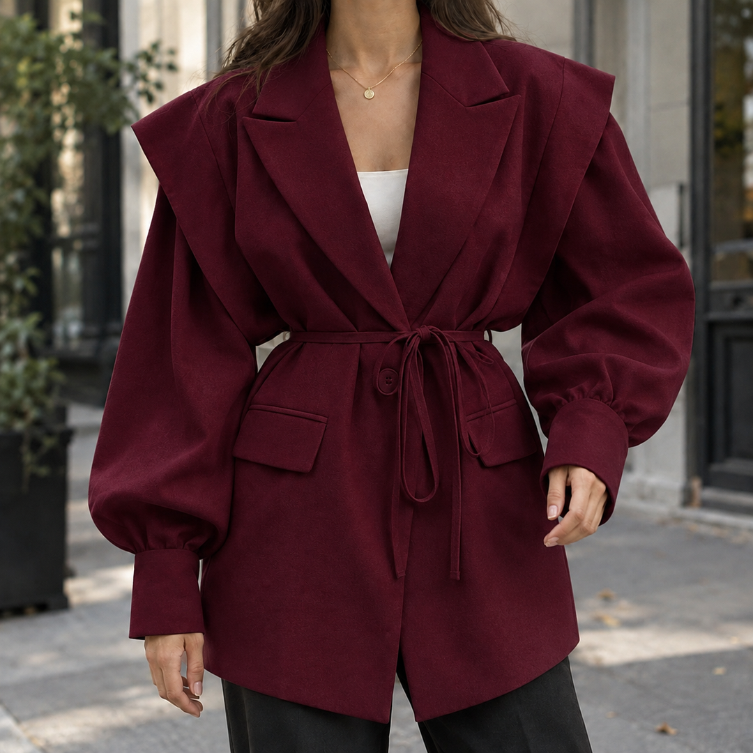 Peebles women's belted blazer in Burgundy – front view