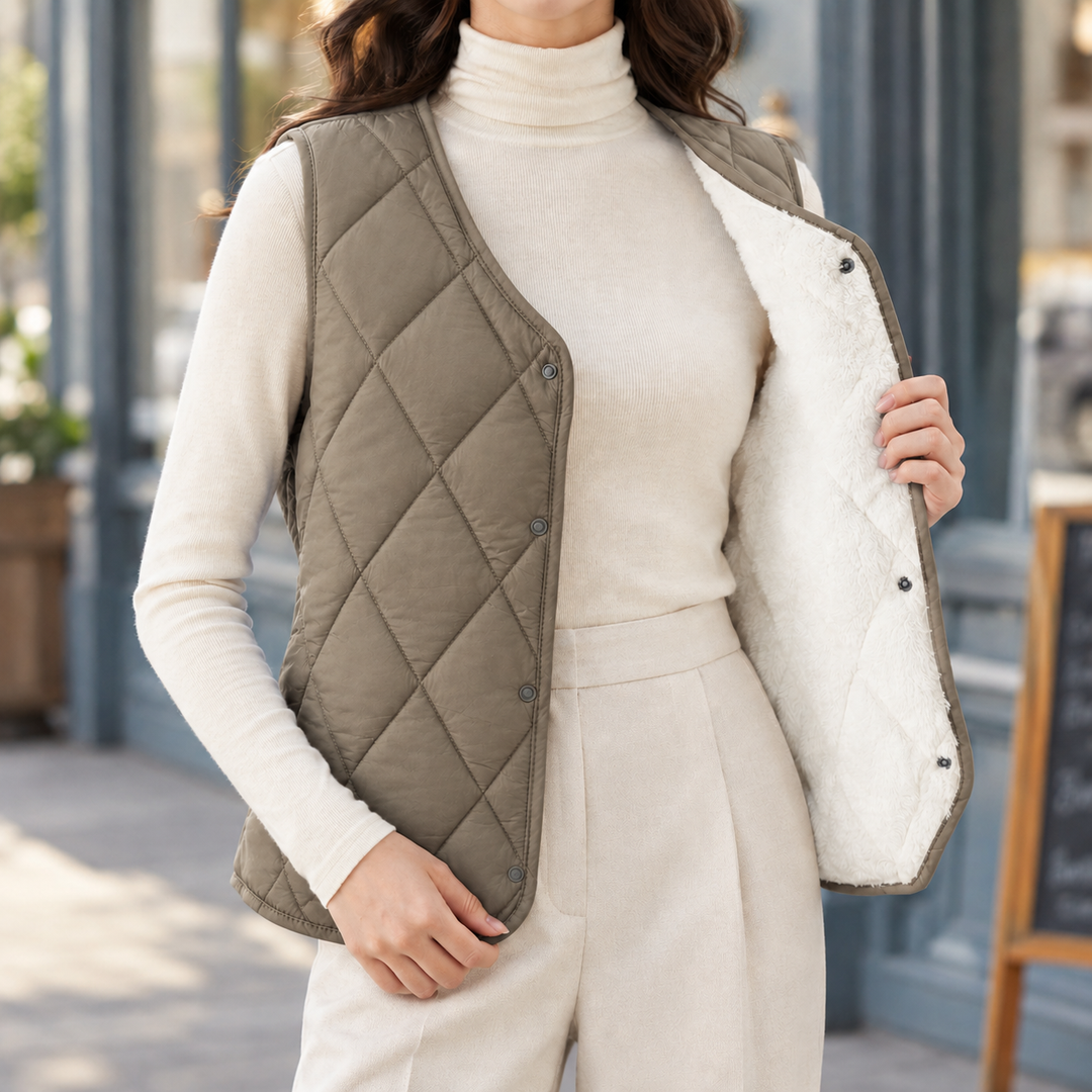 Women's Diamond Quilted Gilet with Plush Lining – Lerwick – Khaki – front view showing lining